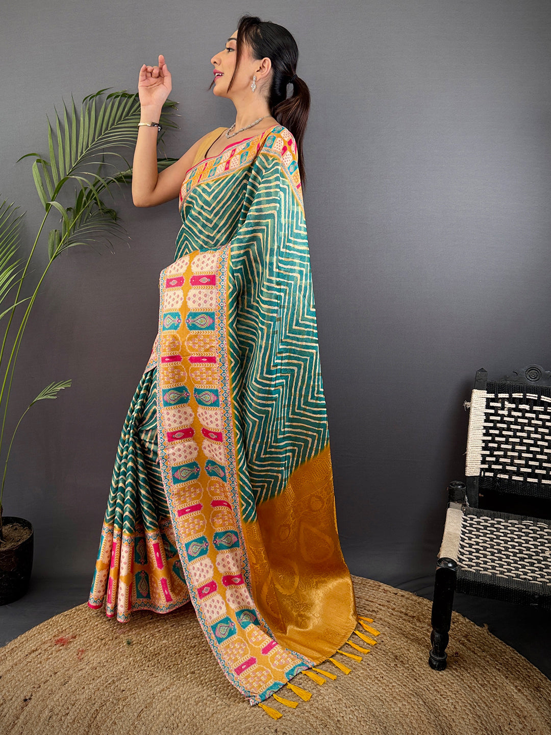 Teal Green Madhubani Print Soft Silk Saree by My Store
