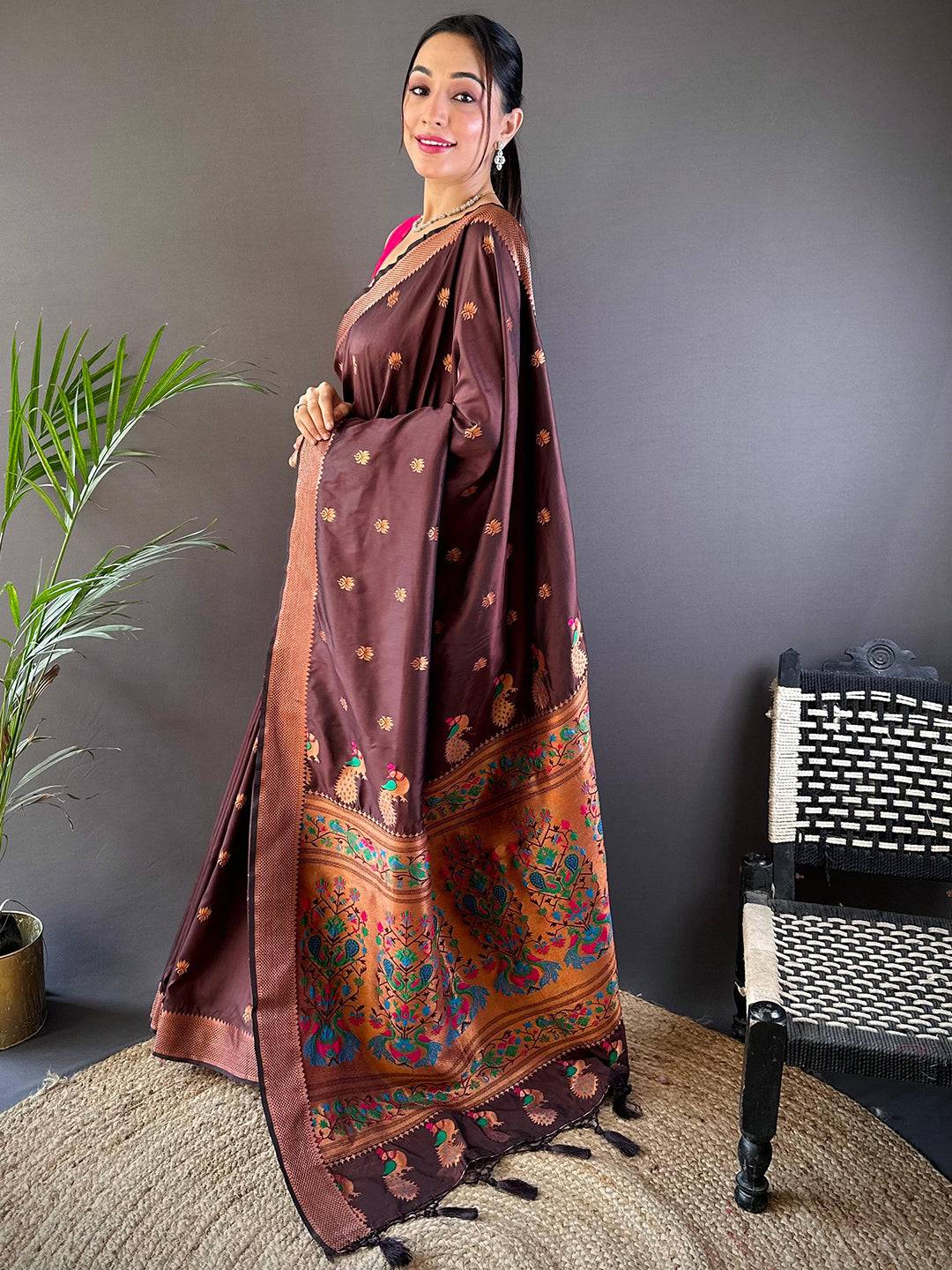 Copper Allure Soft Silk Brown Saree by My Store