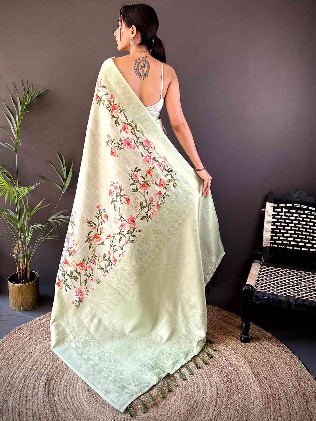 Pastel Green Kanjivaram Digital Silk Saree by My Store