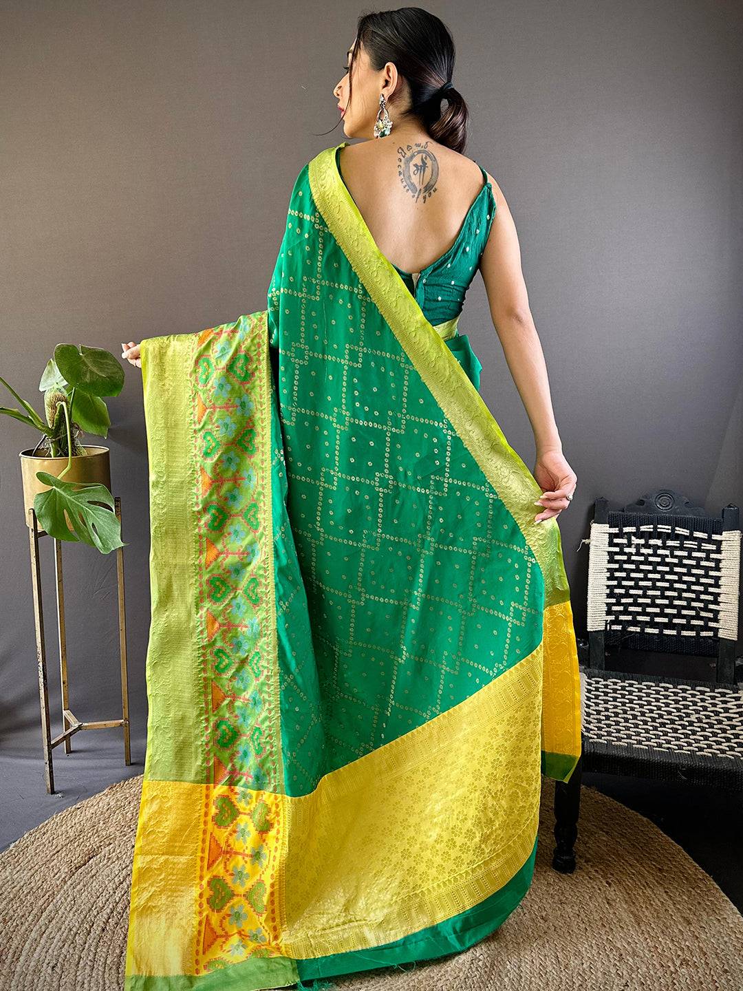 Green Katan Silk Ikkat Saree by My Store