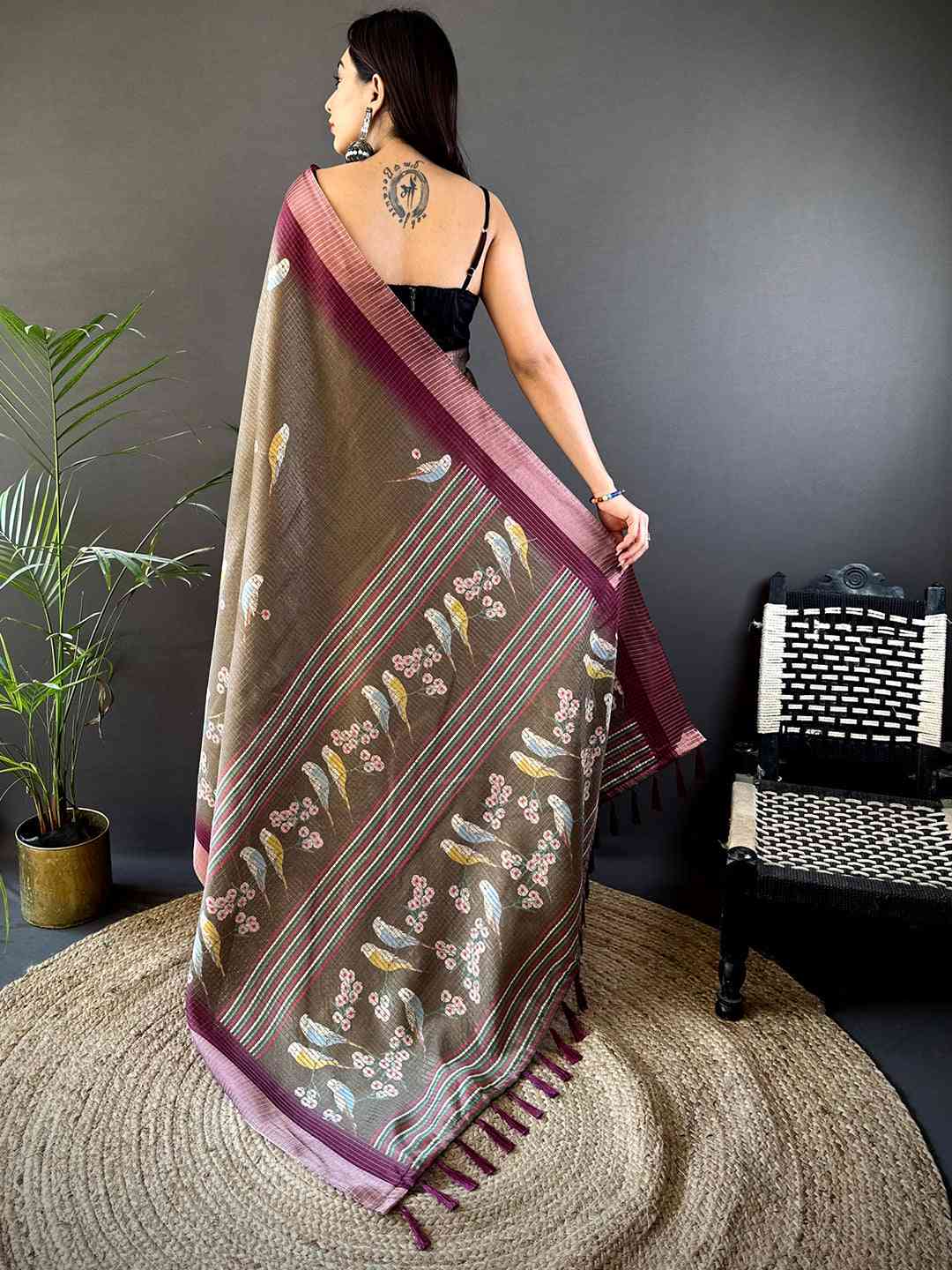 Brown Chanderi Check Sparrow Print Saree by My Store