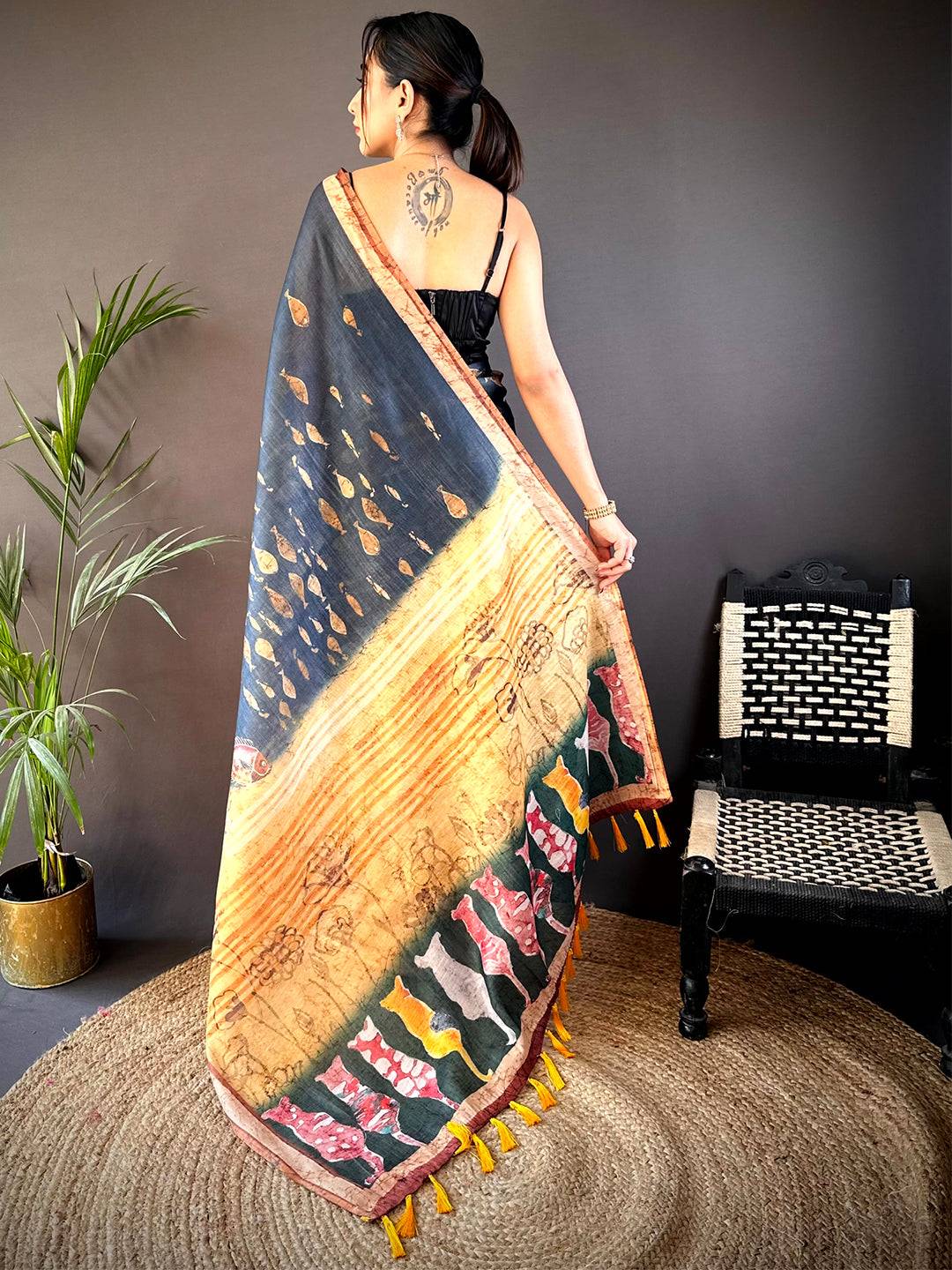 Navy Chanderi Floral Kalamkari Digital Print Saree by My Store