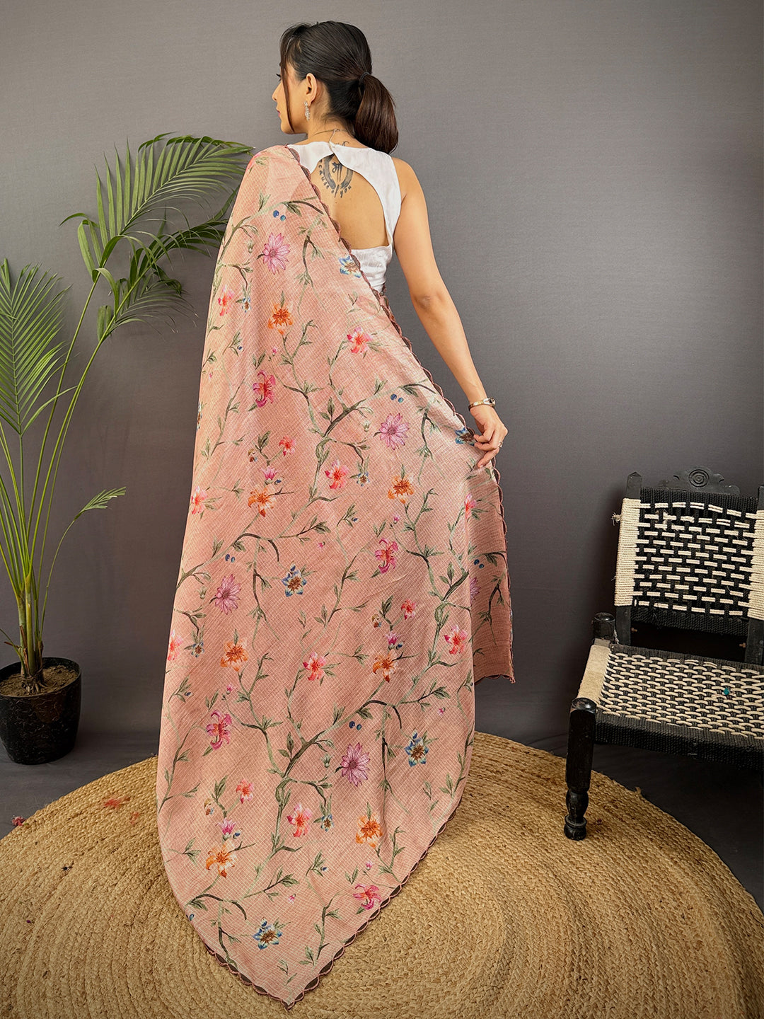 Peach Soft Kota Floral Print Saree by My Store