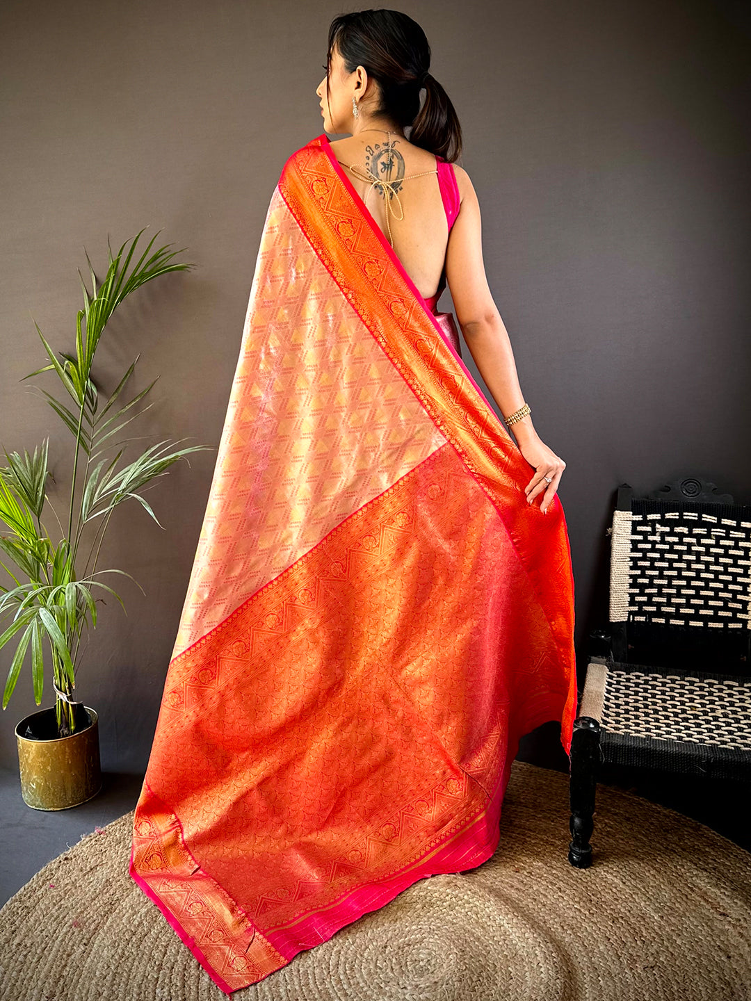 Pink Golden Geometrics With Floral Elegance Saree by My Store