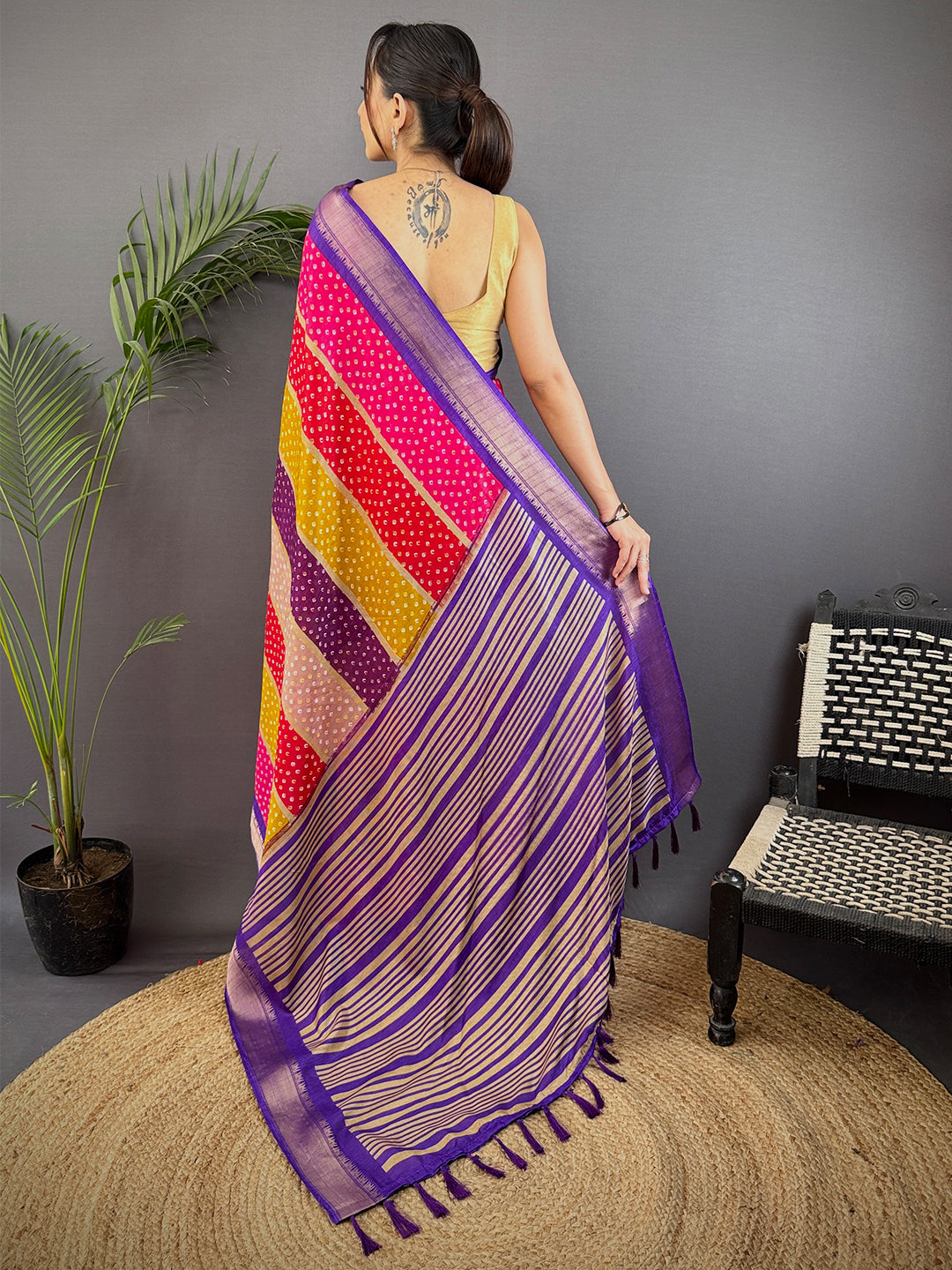 Purple Soft Dola Bandhej Print Saree by My Store