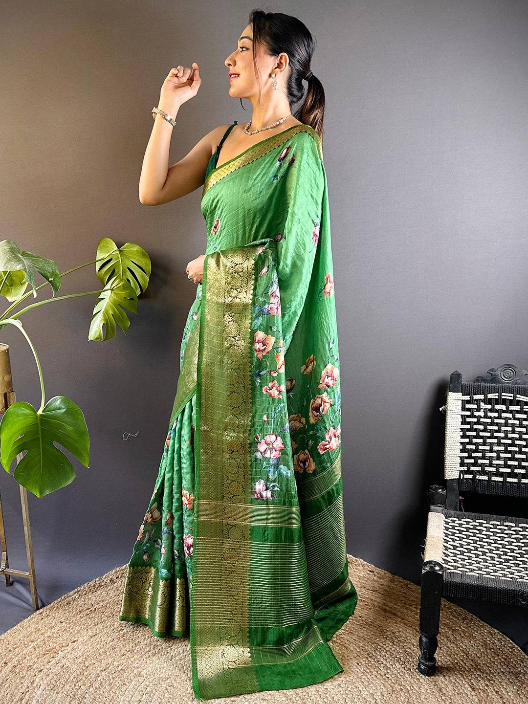Green Floral Zari Chex Saree by My Store