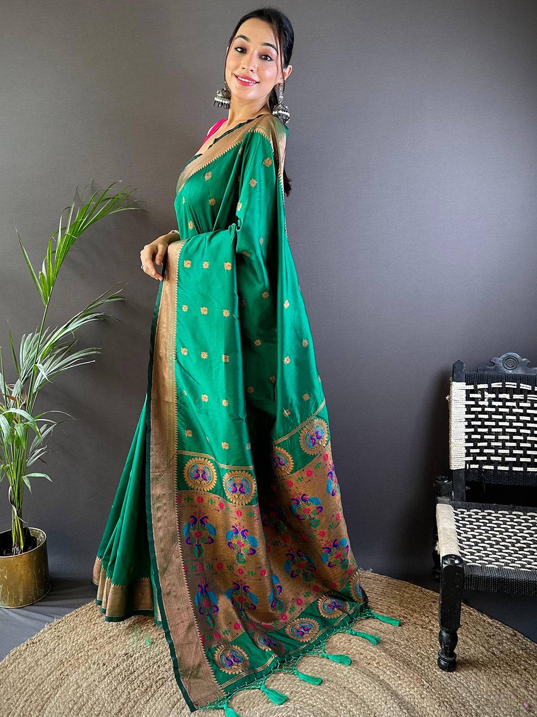 Jade Green Copper Elegance Soft Silk Saree by My Store