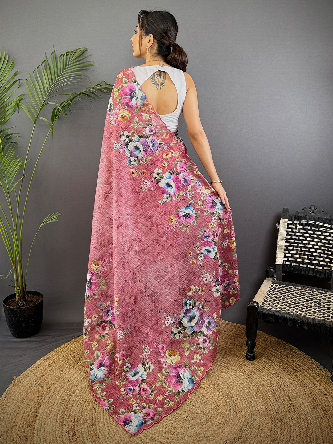 Dusty Mauve Floral Cut Work Kota Saree by My Store