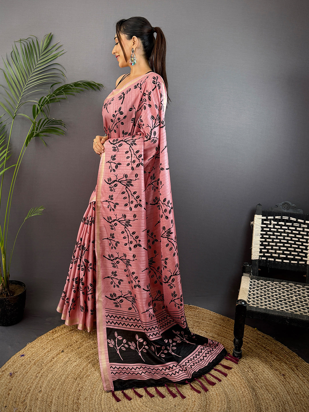 Rose Pink Ghicha Leaf Print Saree by My Store