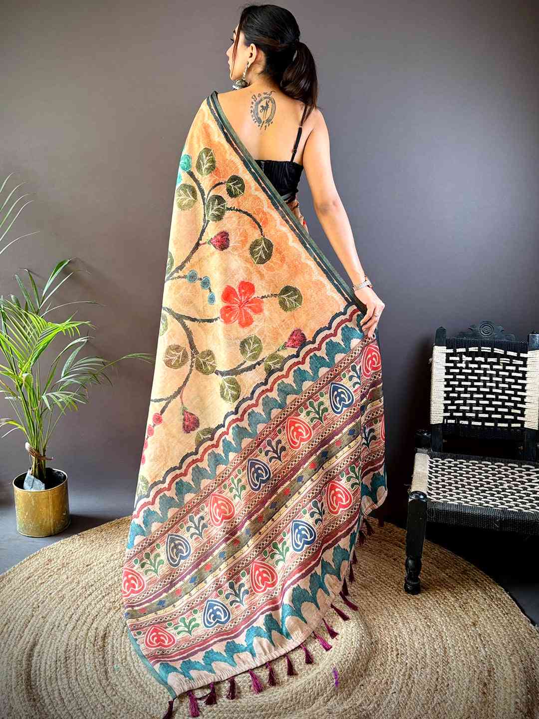 Light Peach Folklore Tissue Chanderi Saree by My Store