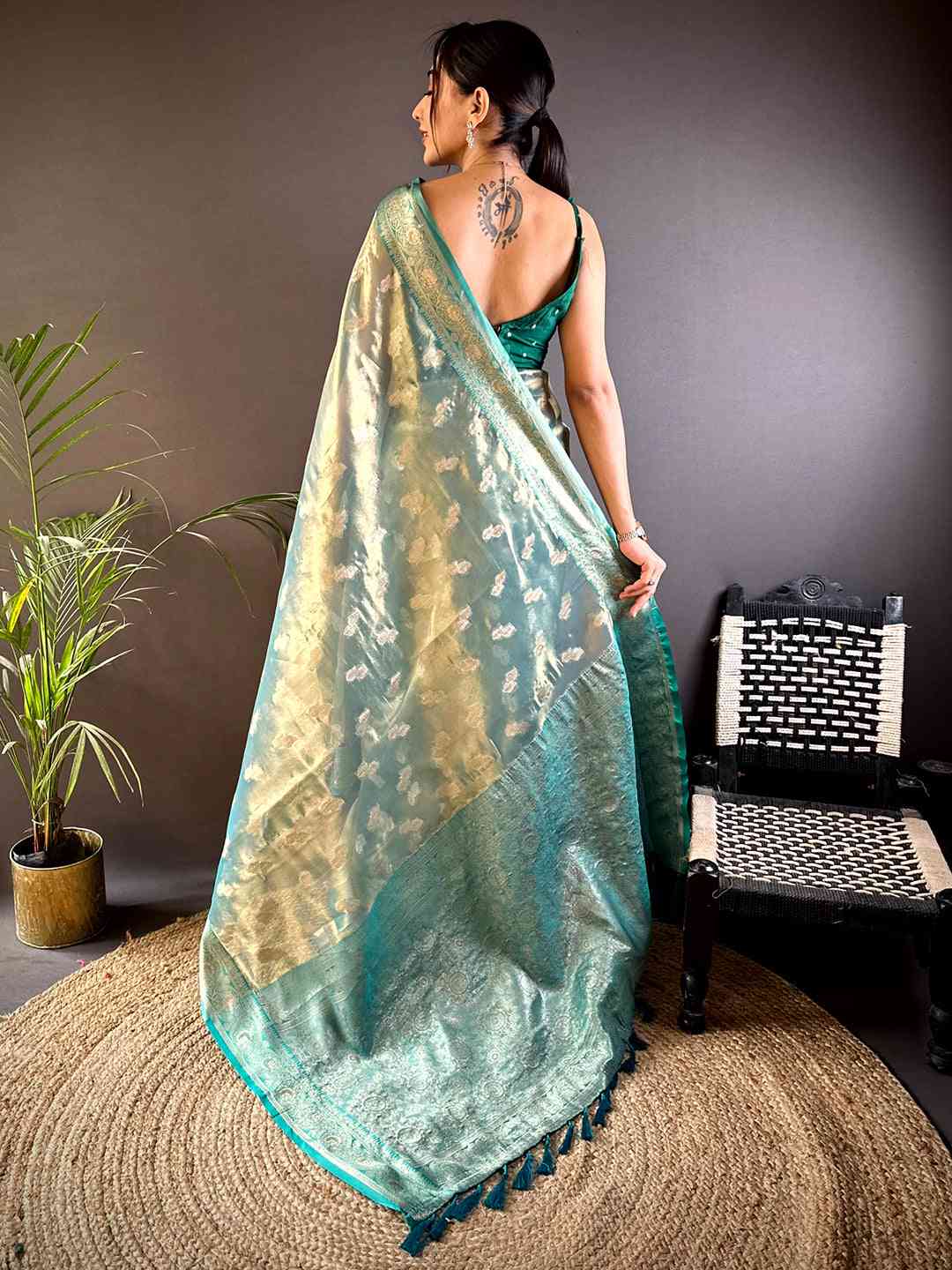 Elegant Teal Kora Tissue Saree by My Store