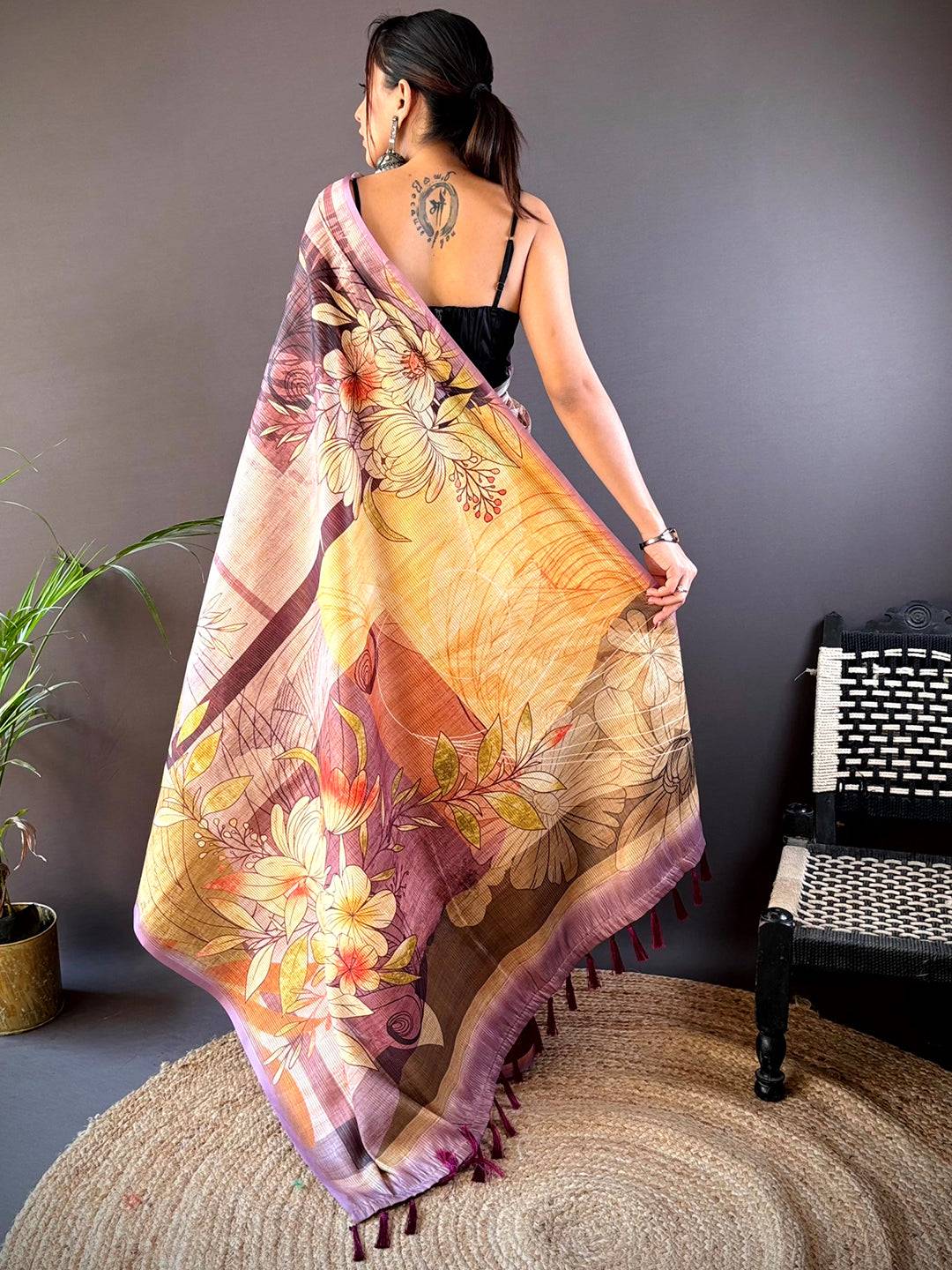 Wine Semi Zari Tussar Floral Saree