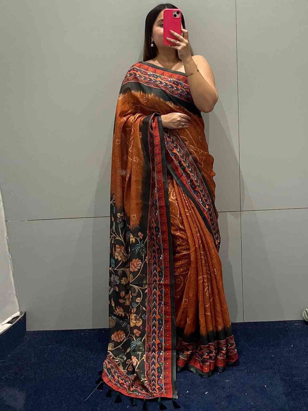 Orange Colour Design Linen Saree with Bandhej and kalamkari Digital Print