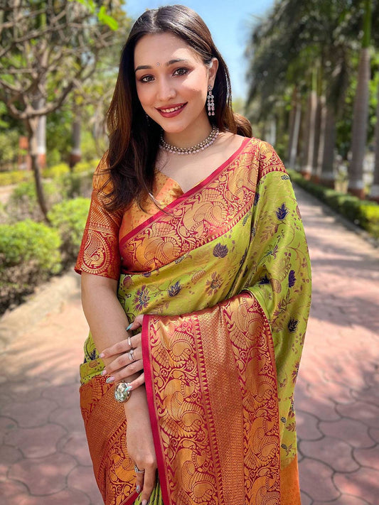 Light Green Colour Banarasi One Grm Tissue Silk Festive Wear Saree by My Store