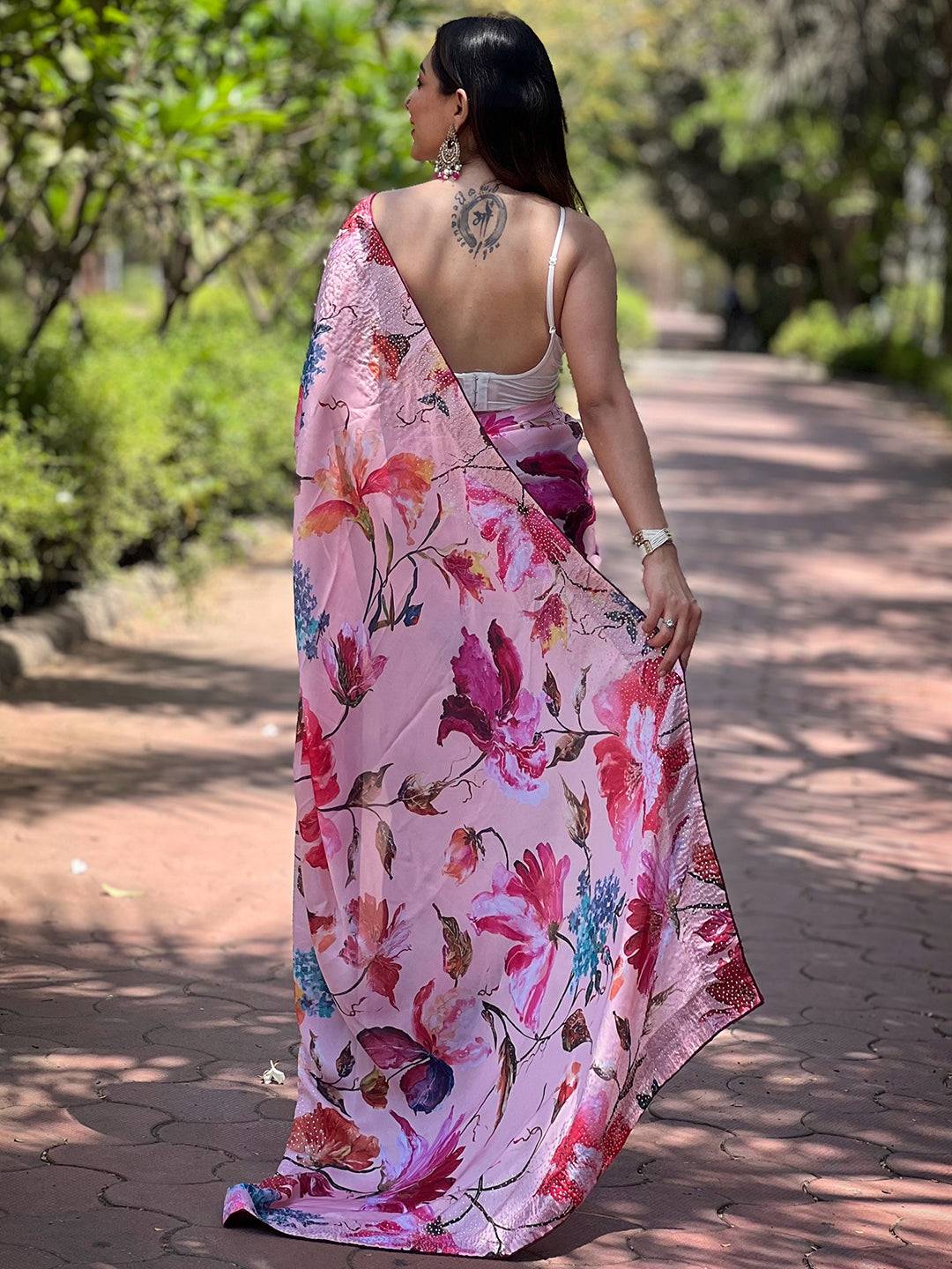 Satin Georgette Peach Floral Digital Print Saree by My Store