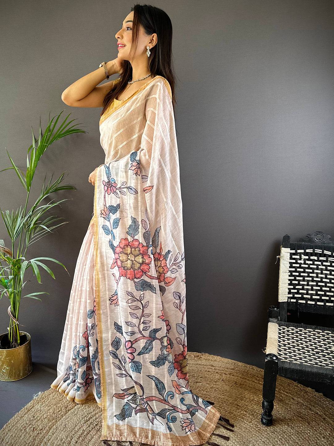 Floral Elegance Linen Chanderi Saree by My Store
