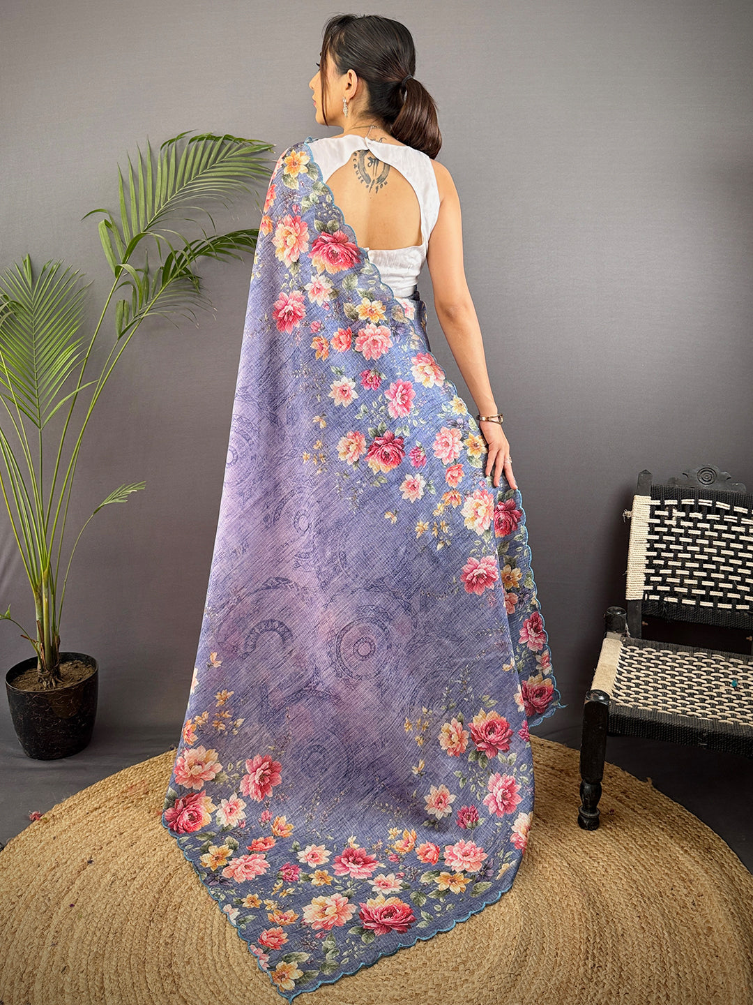 Denim Blue Kota Doriya Floral Cut Work Saree by My Store