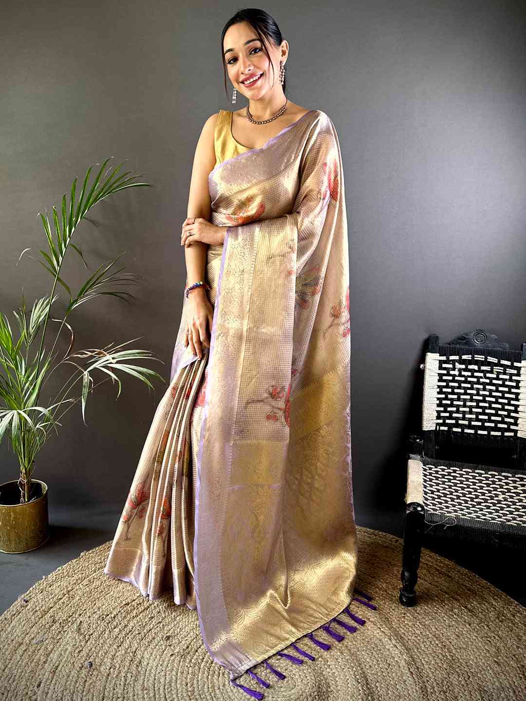 Stylish Lavender Self Gold Zari Floral Print Saree by My Store