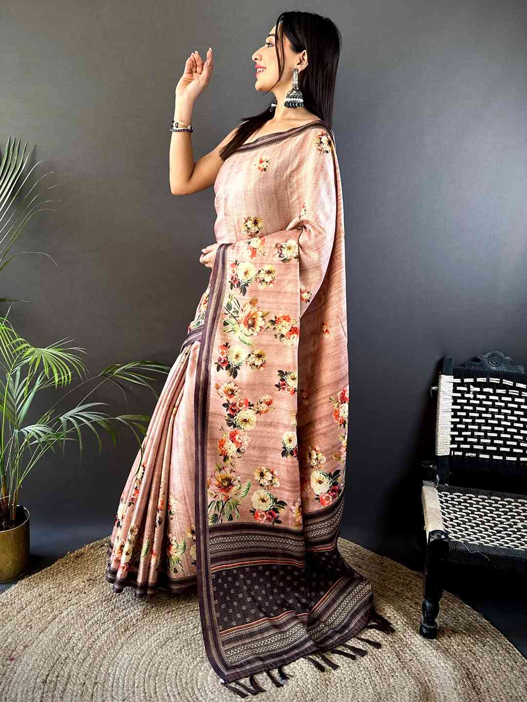 Floral Beauty in Blush Pink Tussar Zari Saree by My Store