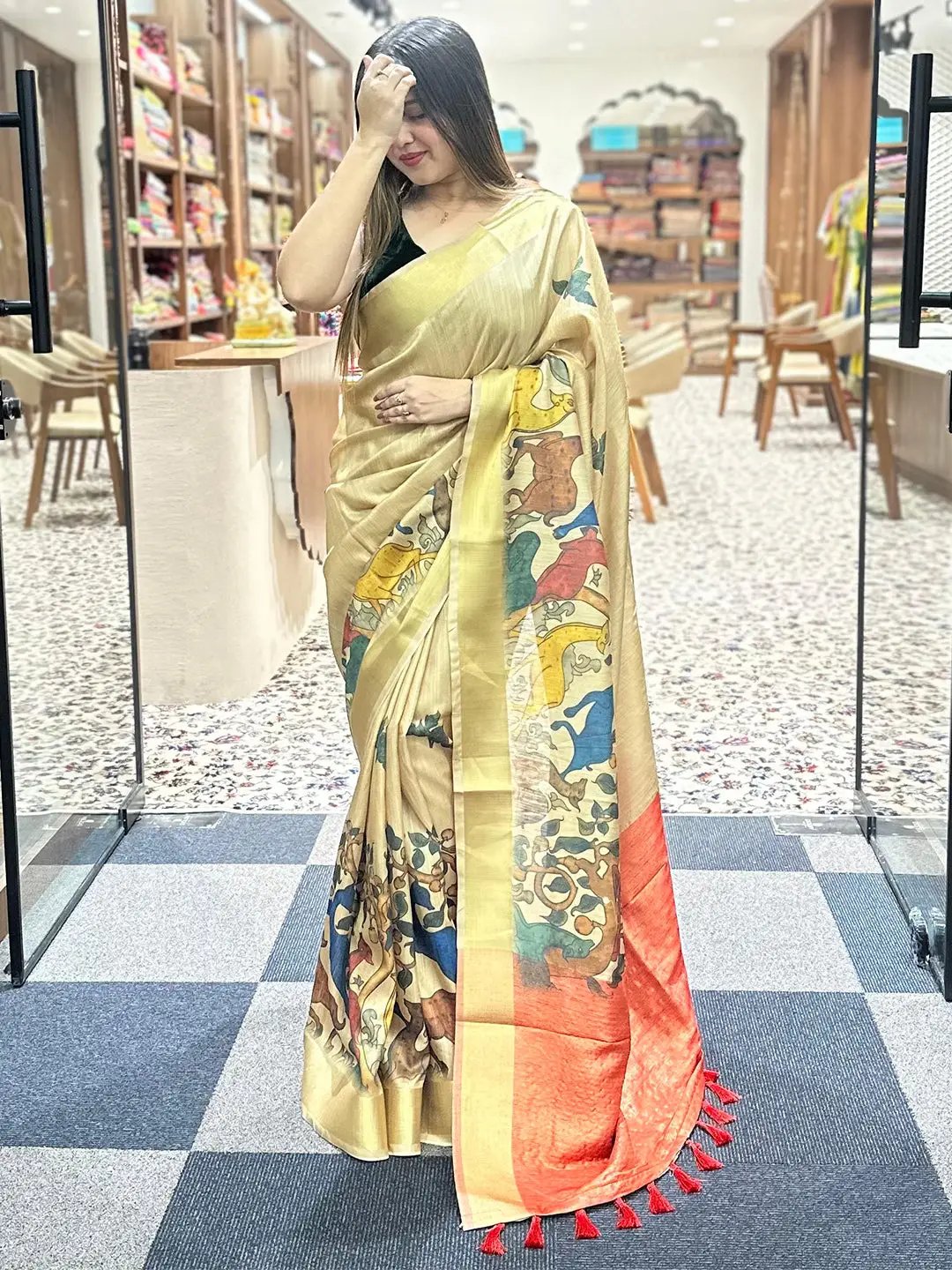 Incredible Pen Kalamkari Linen Tissue Soft Saree by My Store