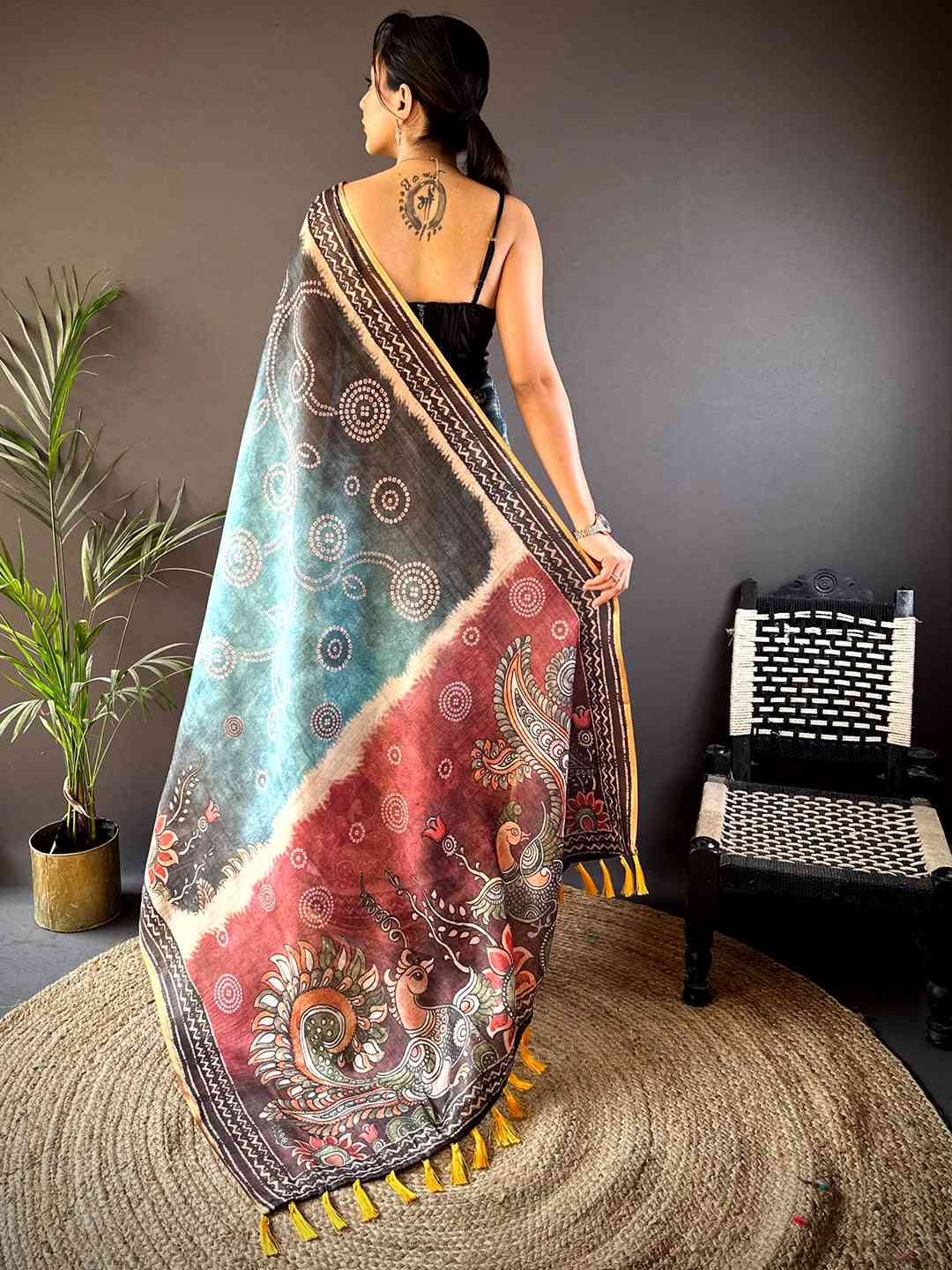 Steel Blue Kalamkari Bandhani Chanderi Saree by My Store