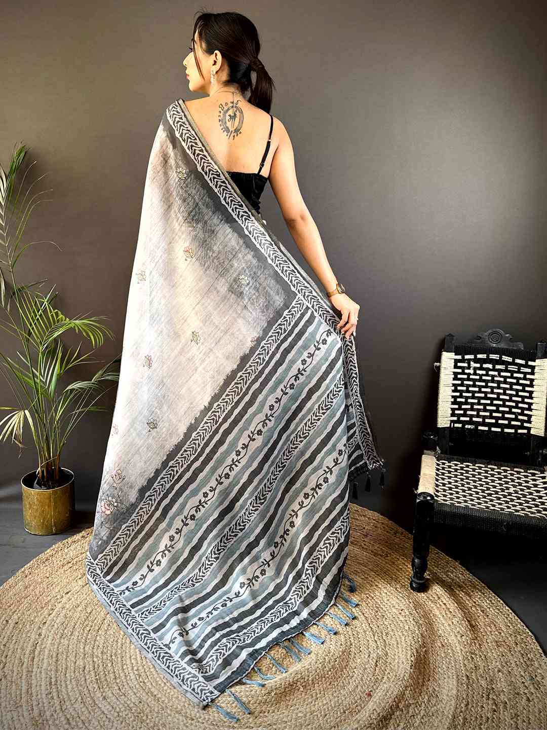 Grey Tissue Digital Print Saree by My Store