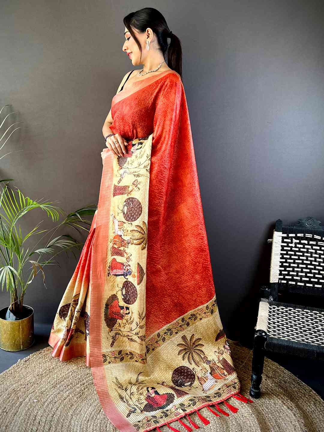 Red Kalamkari Pichwai Black Check Saree by My Store