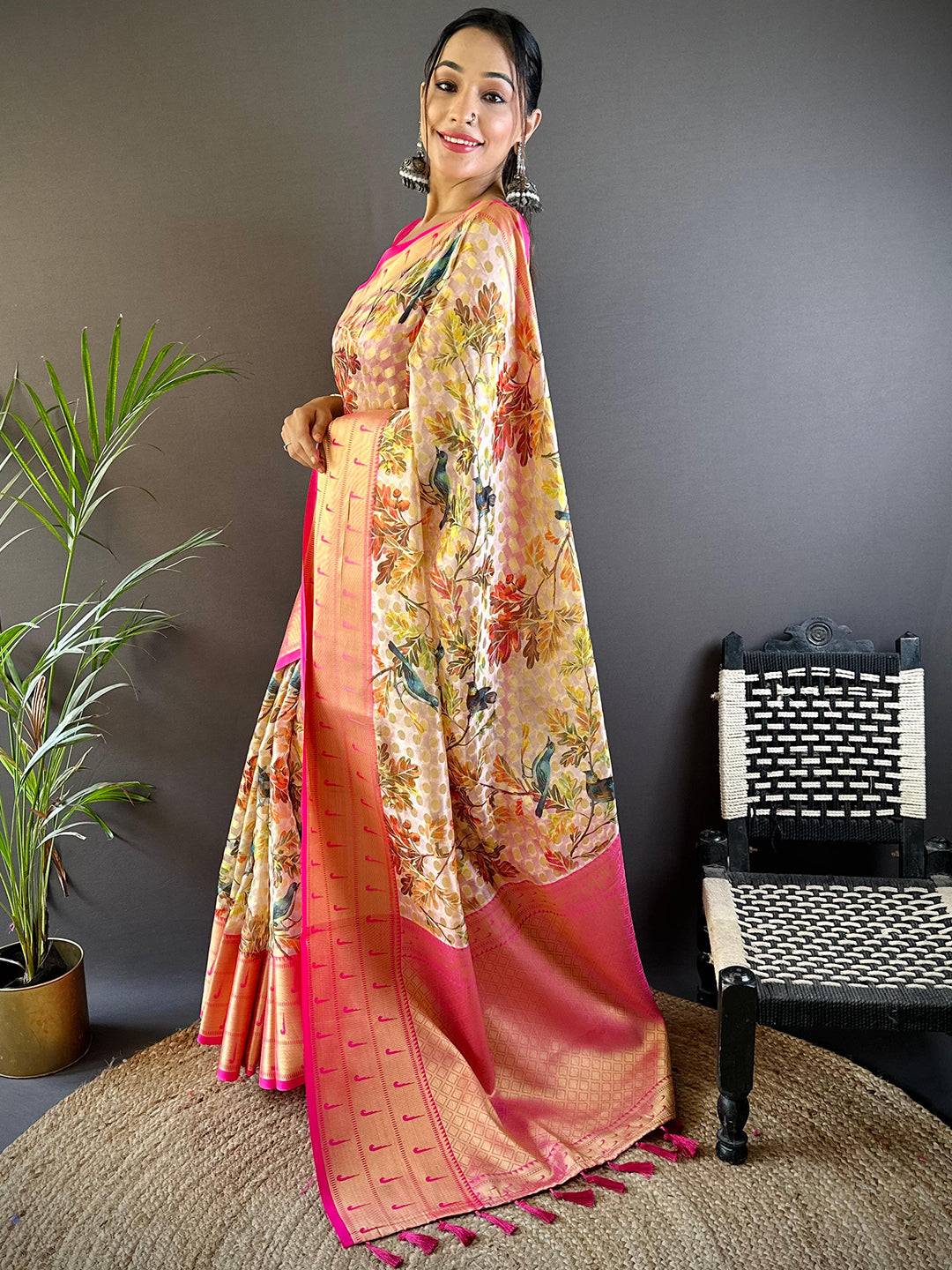 Light Beige Paithani Kora Silk Saree by My Store