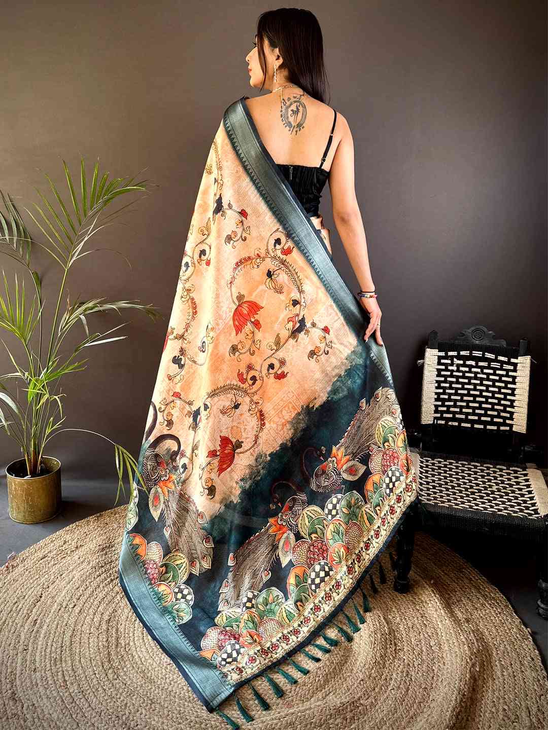 Peach Kota Doriya Zari Weave Digital Print Saree by My Store