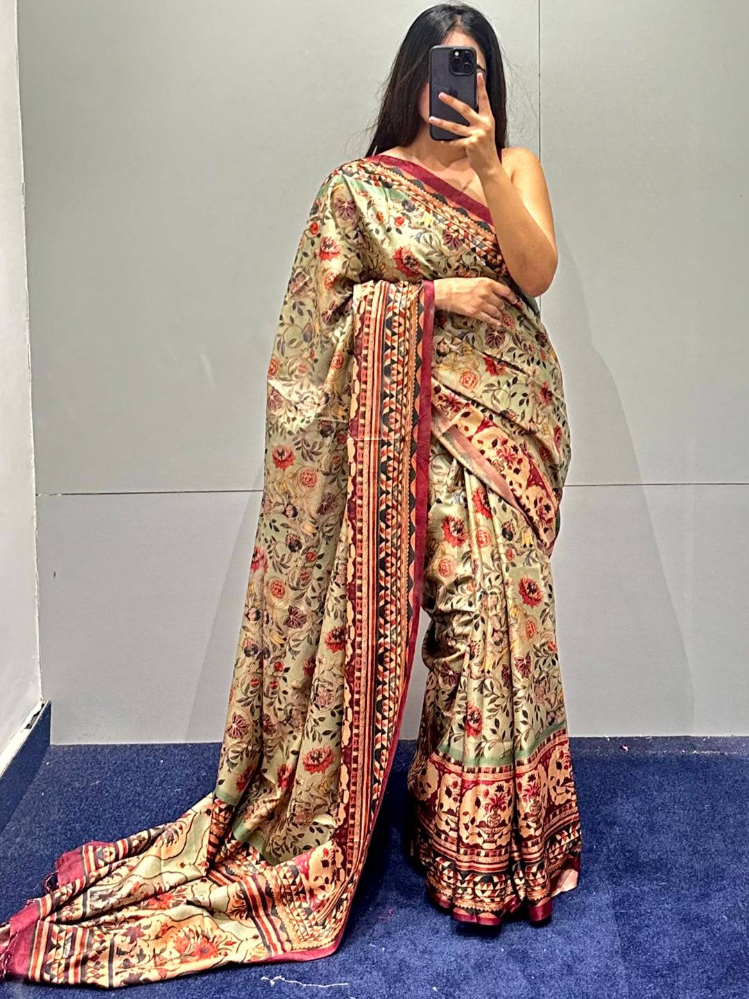 Pista Tussar Silk Flower Pashmina Print Saree by My Store