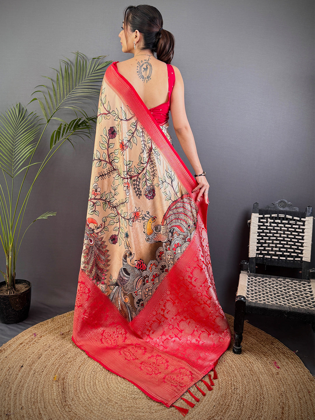 Peach Kalamkari Printed Soft Satin Saree by My Store