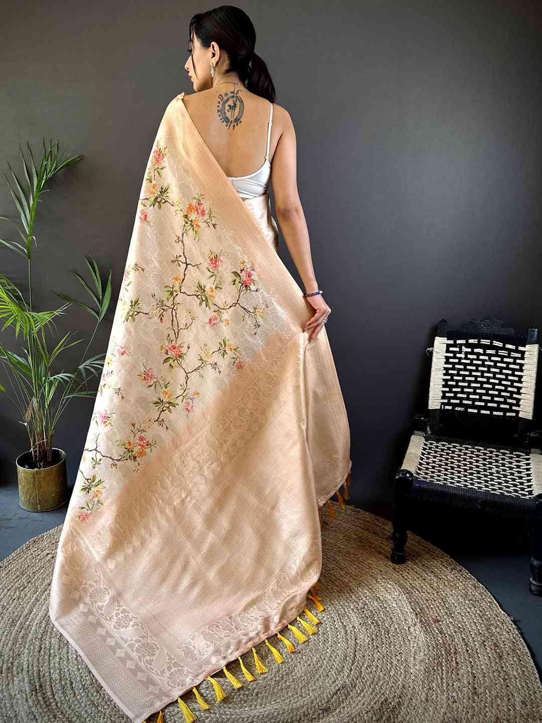 Light Peach Kanjivaram Digital Silk Saree by My Store