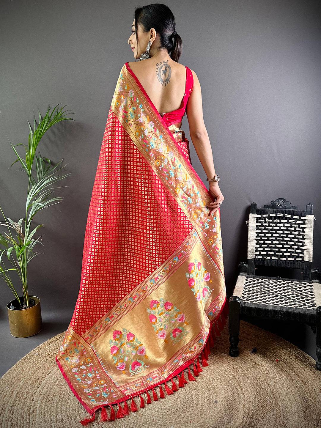 Red Banarasi Mina Kari Katan Silk Saree by My Store