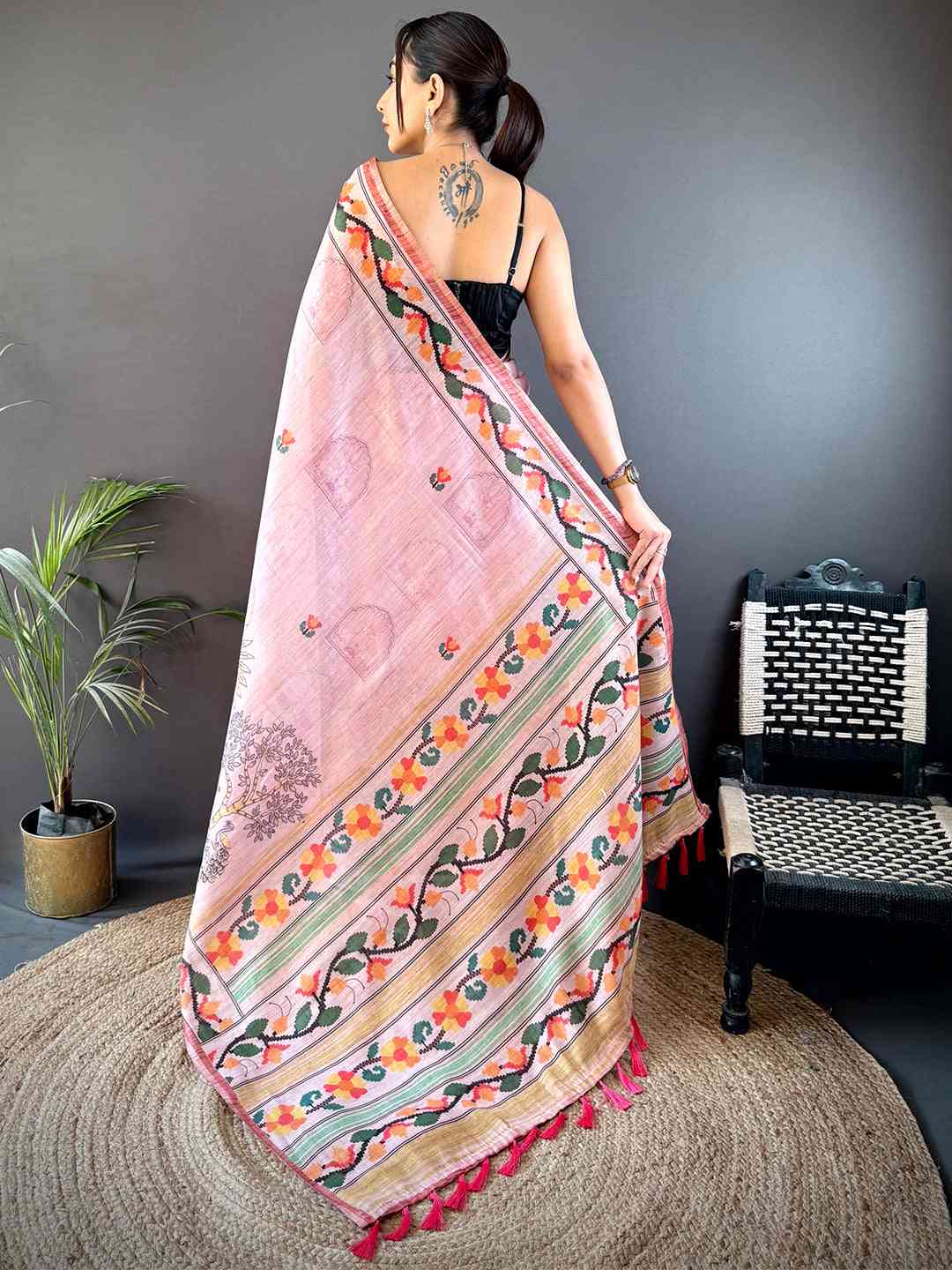 Blush Pink Jungle Floral Zari Tissue Saree by My Store