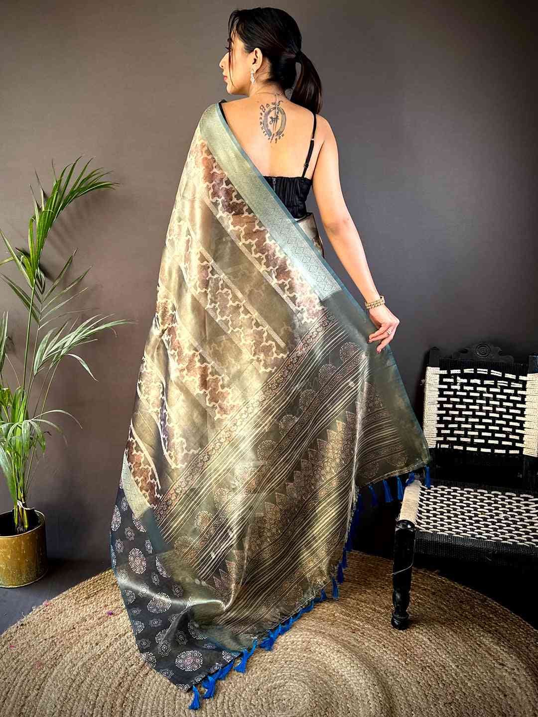 Light Green Tissue Striped Digital Printed Saree by My Store