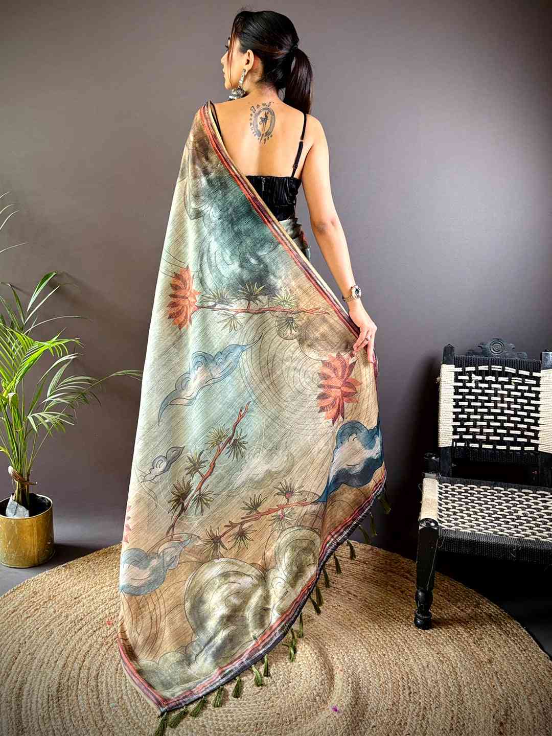 Sky Blue Tissue Chanderi Floral Abstract Saree by My Store