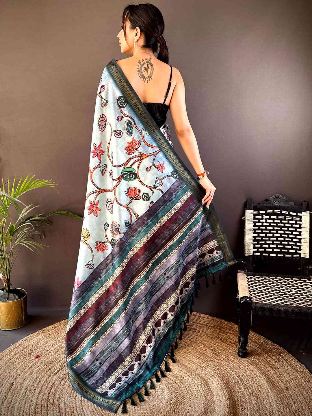 Blue Soft Silk Freehand Kalamkari Print Saree