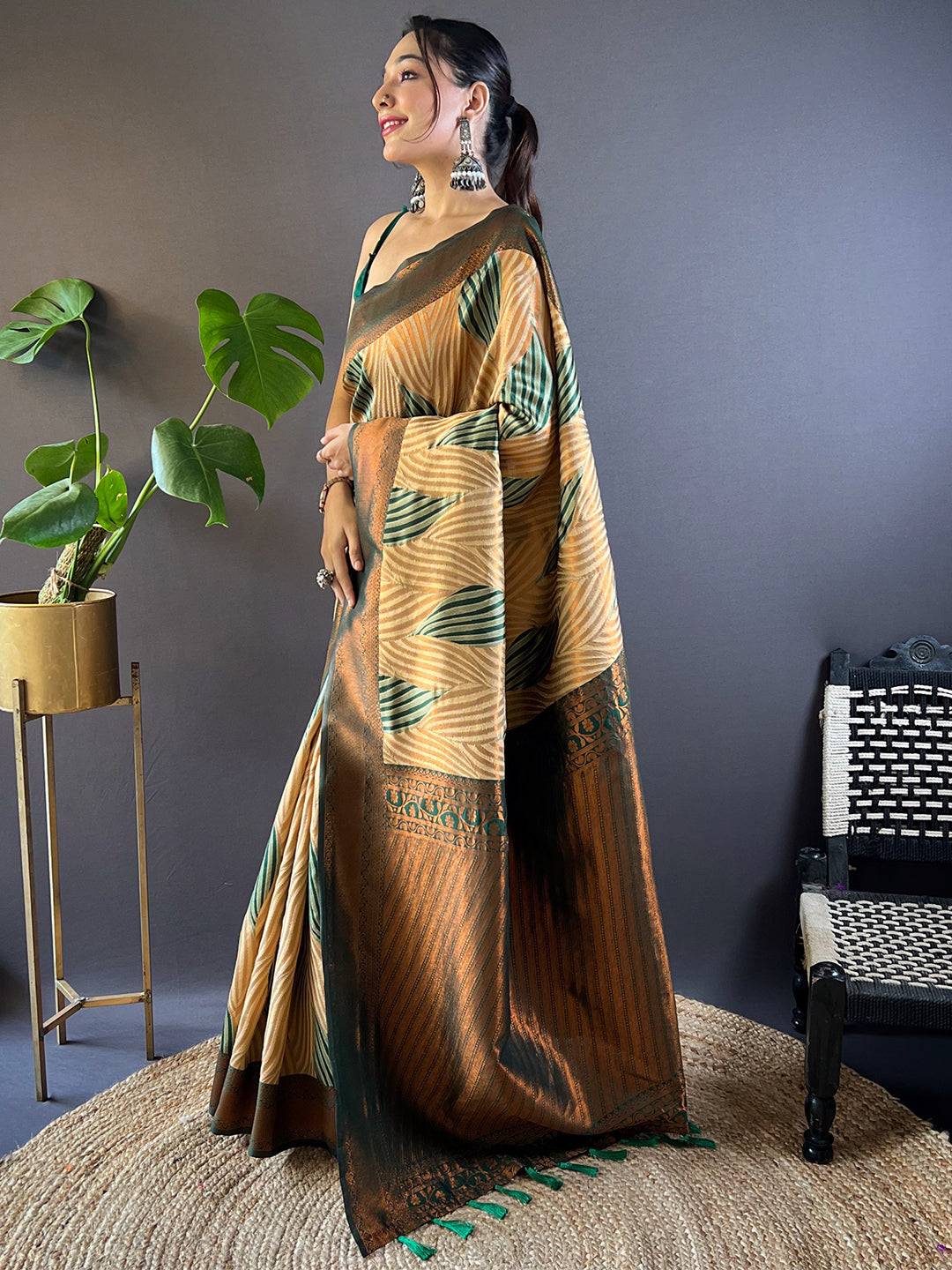 Brown Tussar Silk Zari Weaving Ikkat Saree by My Store