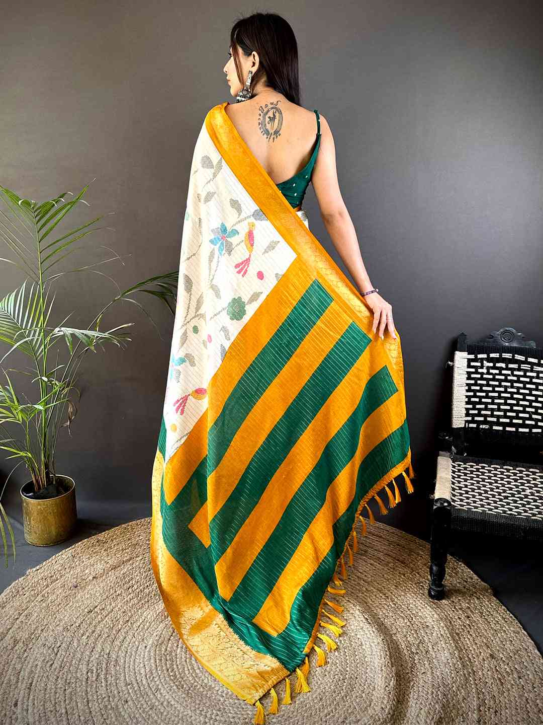 Mustard Dola Silk Bird Print Saree by My Store