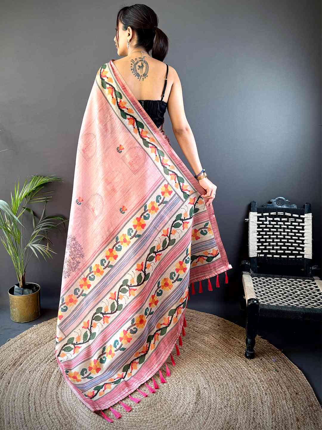 Crepe Pink Jungle Floral Zari Tissue Saree by My Store