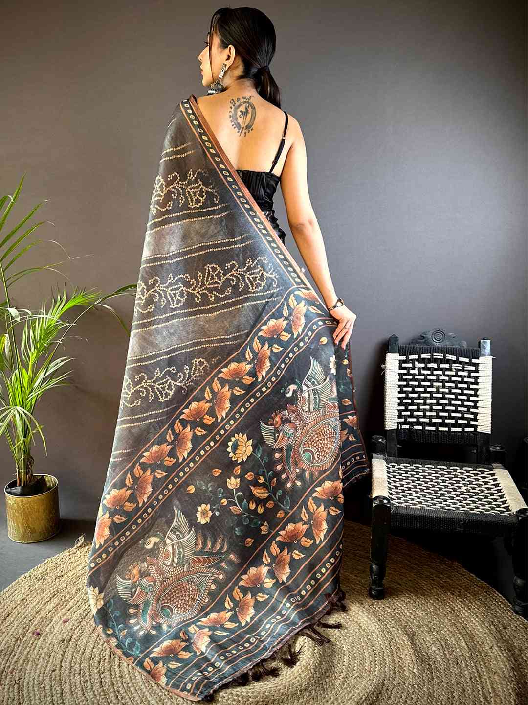 Grey Chanderi Bandhej Digital Print Saree by My Store