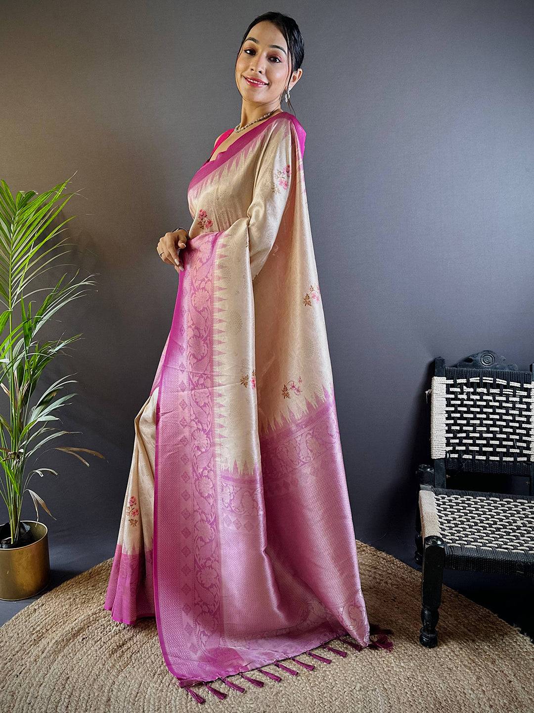 Digital Print Beige Color Silk Saree by My Store