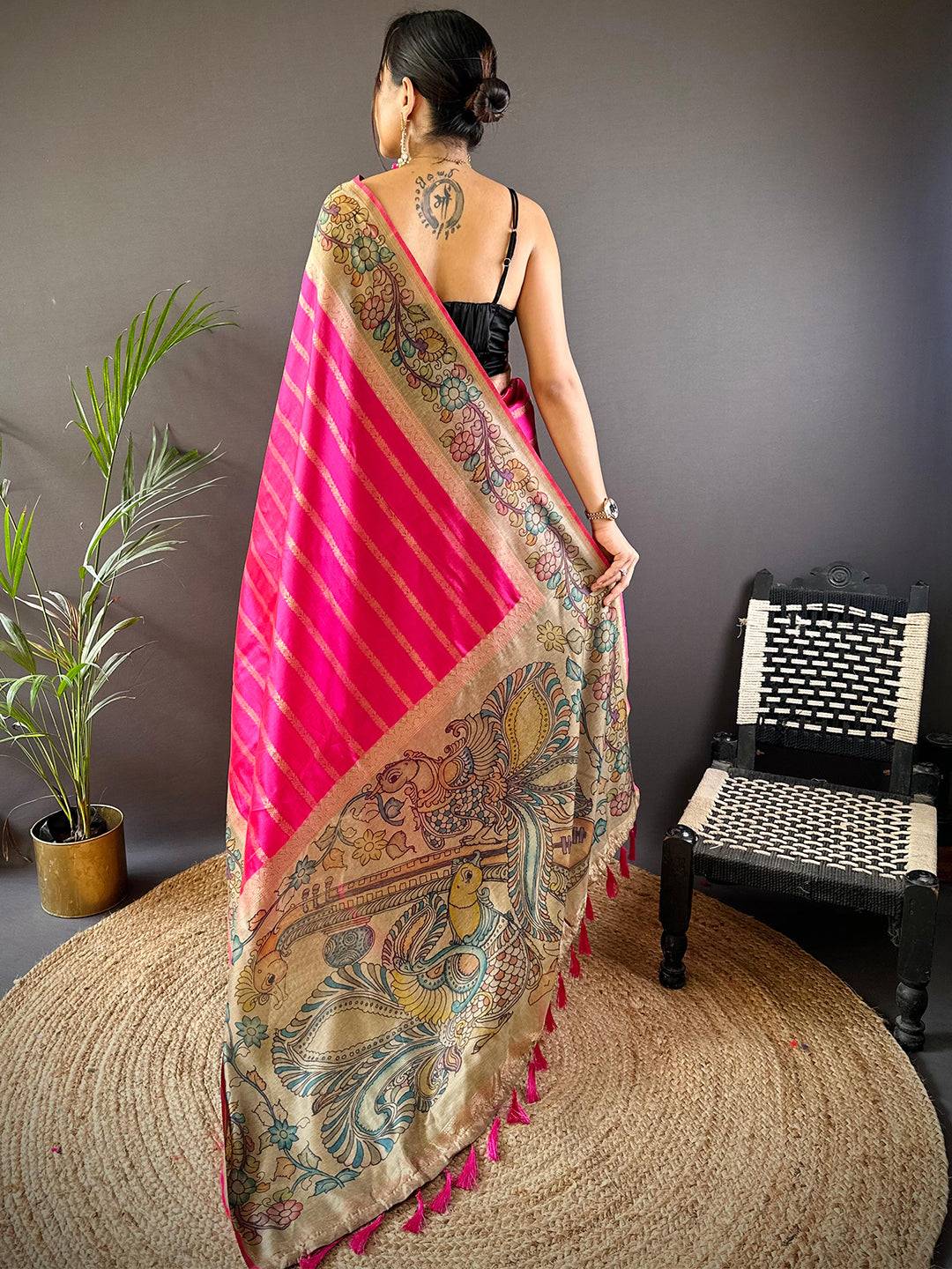 Pink Geometric Zari And Kalamkari Silk Saree by My Store