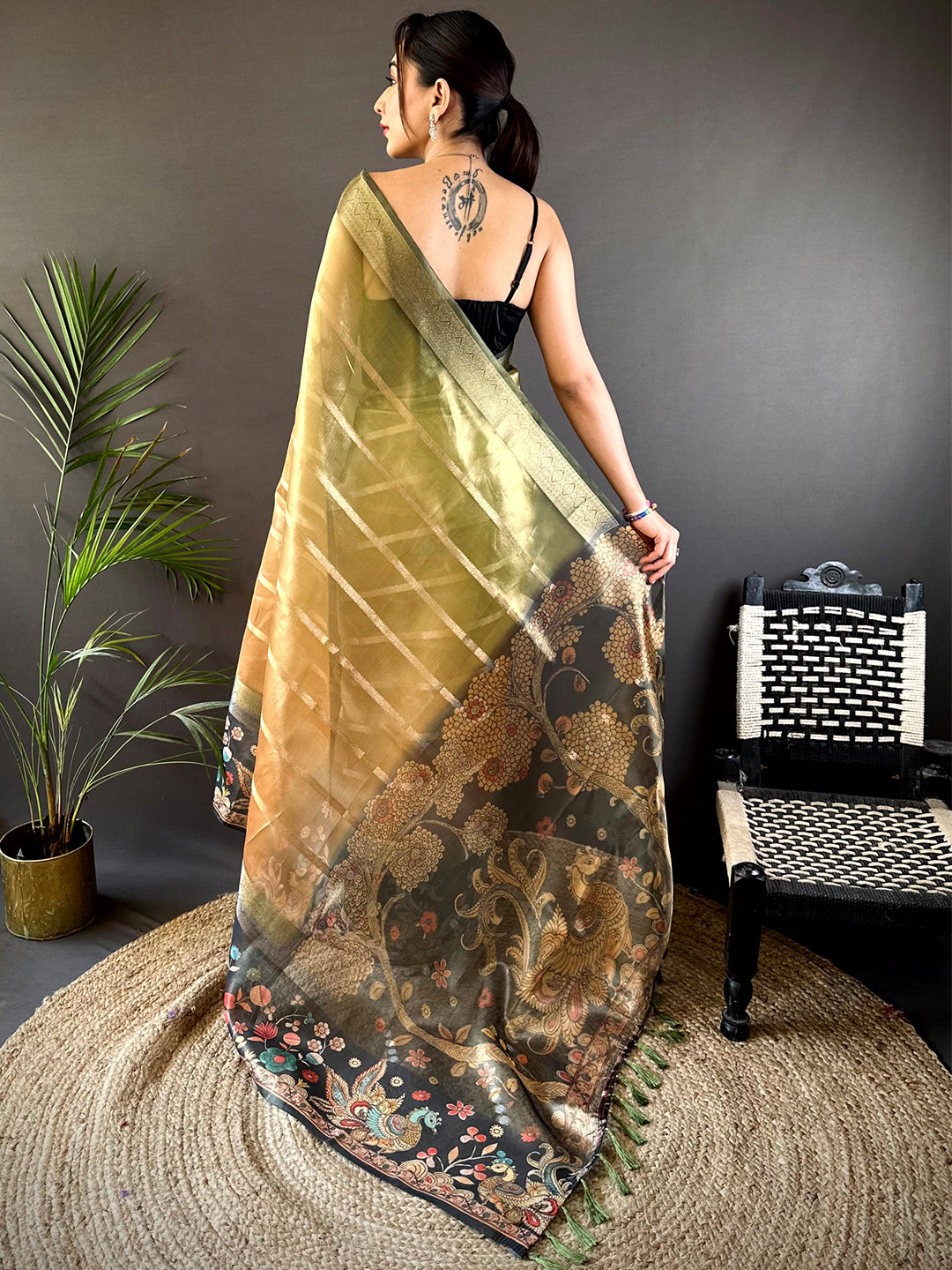 Green Tissue Kalamkari Print Saree by My Store