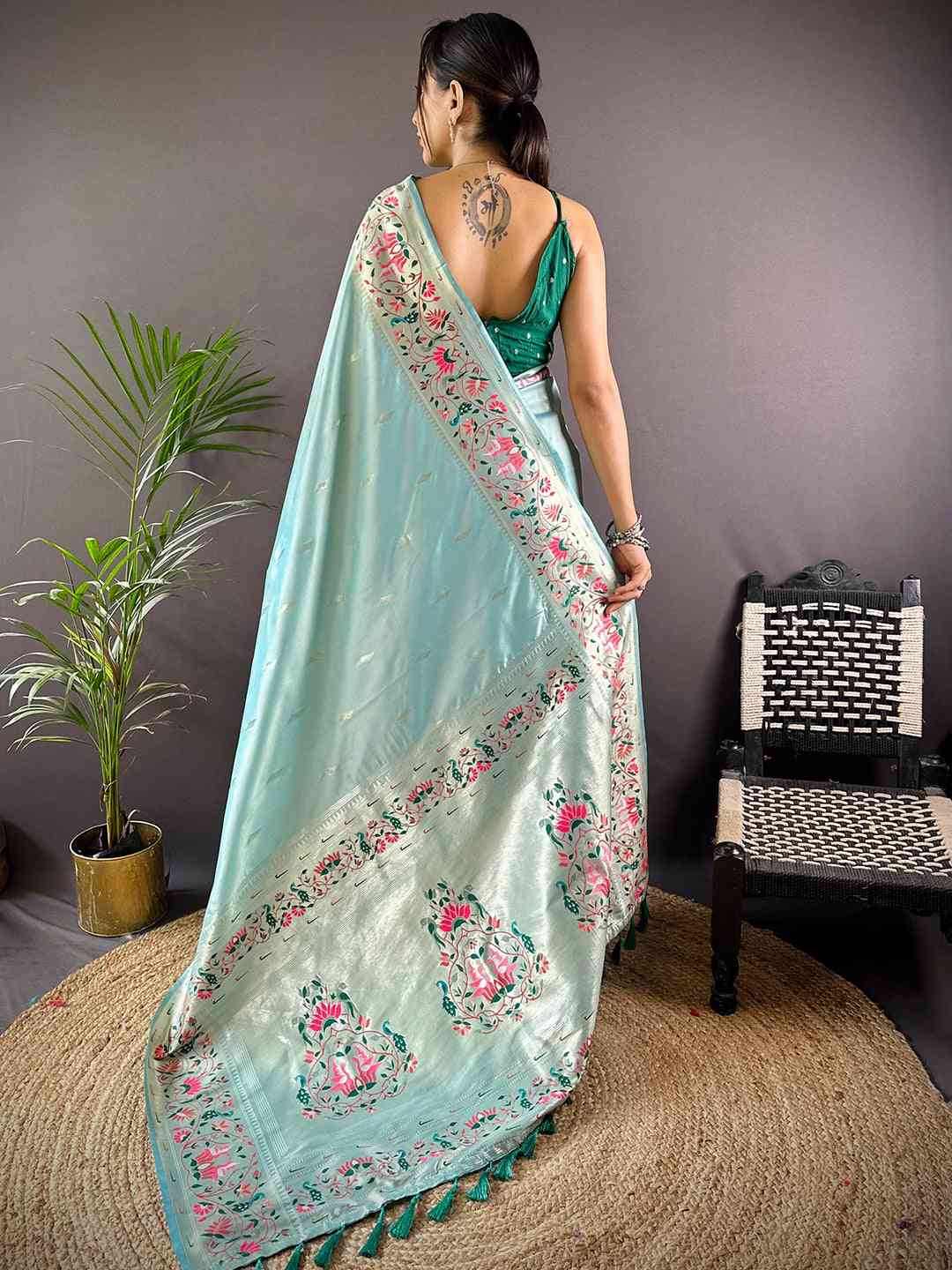 Sky Blue Yevla Paithani Meenakari Saree by My Store
