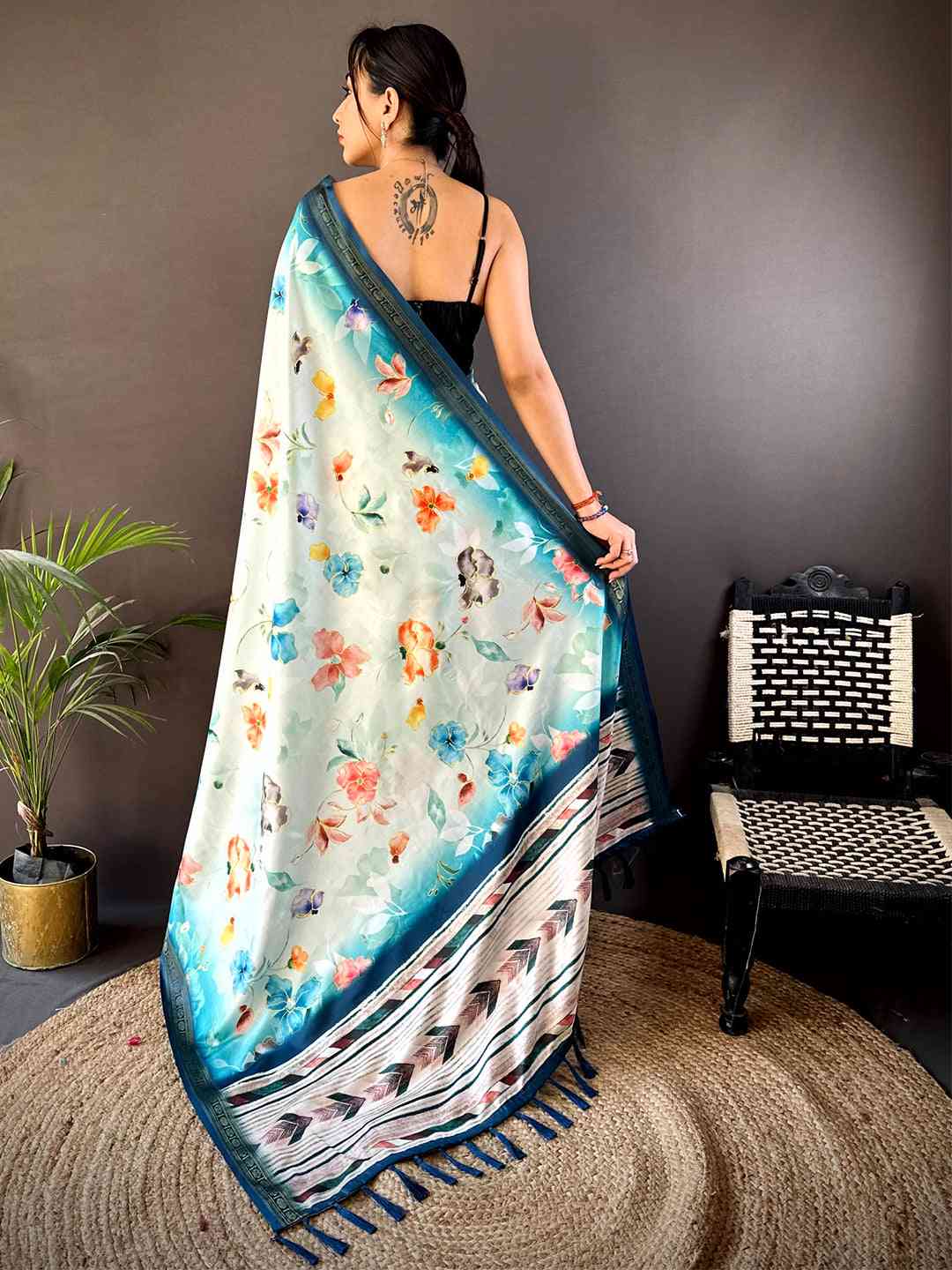 Powder Blue Floral Digital Print Silk Saree by My Store