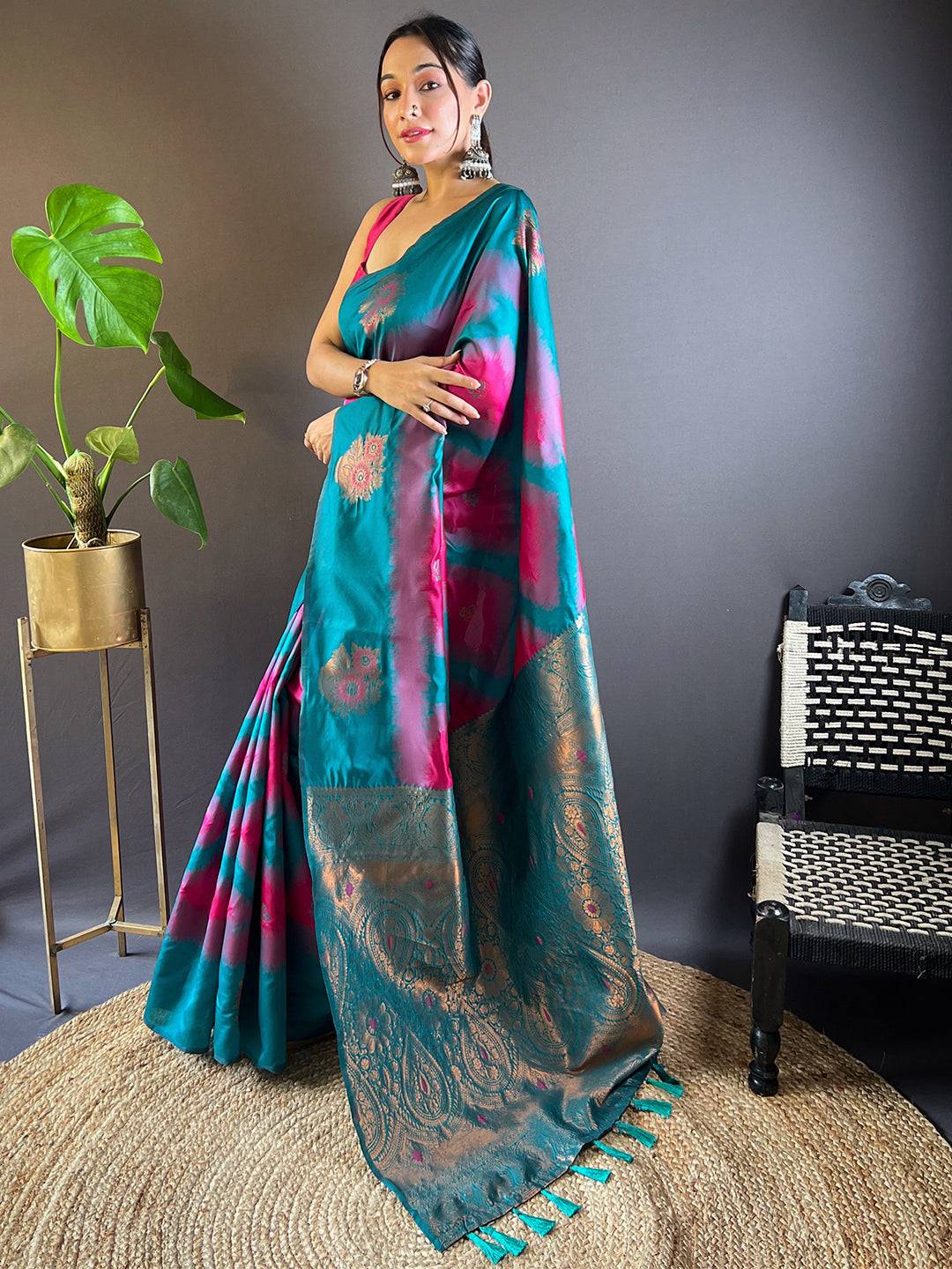Rani Tussar Silk Ikkat Weaving Saree by My Store