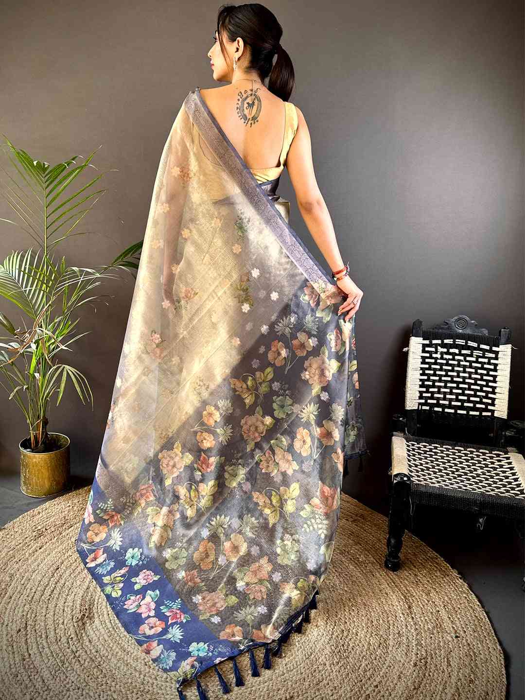 Blue Tissue Digital Floral Saree by My Store
