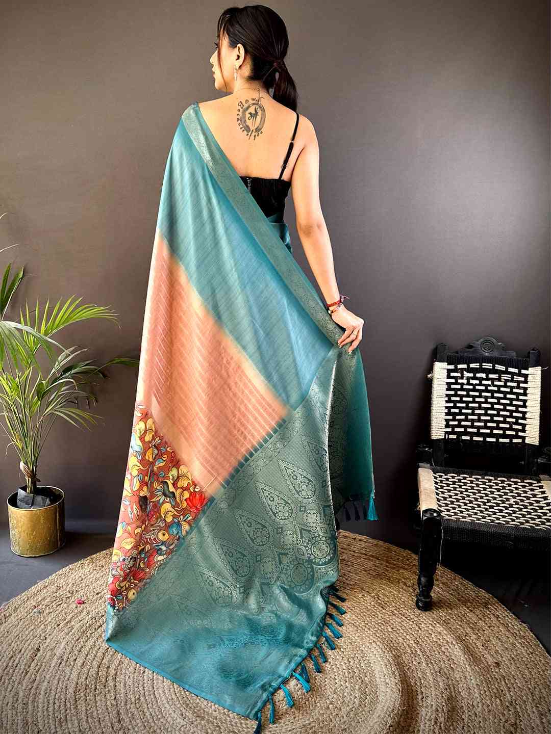 Deep Teal Kalamkari Ombre Soft Silk Saree by My Store