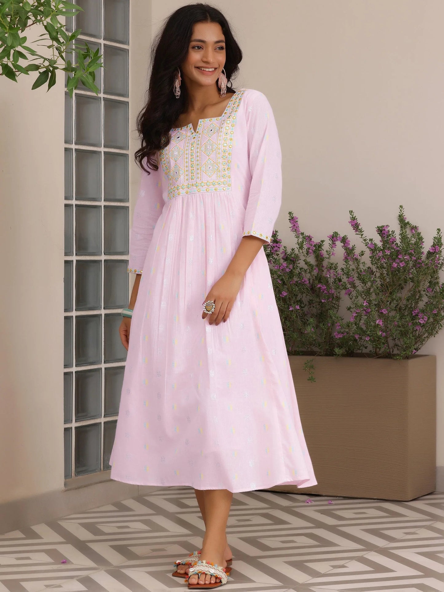 Pink Self Design Cotton A-Line Dress by My Store